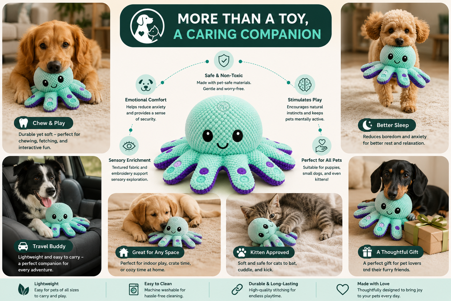 Premium Plush Octopus Dog Toy – Soft, Durable & Squeaky Interactive Toy - Image 4