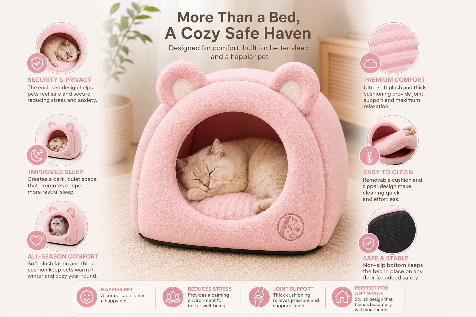 Premium Plush Cat Cave Bed – Soft Enclosed Pet House for Warm Comfort - Image 4