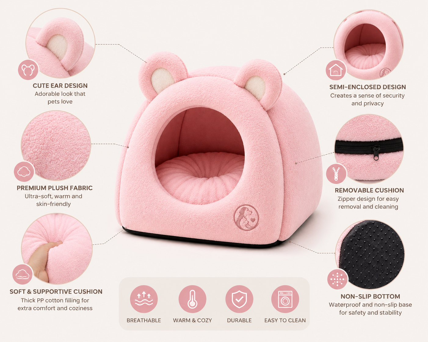Premium Plush Cat Cave Bed – Soft Enclosed Pet House for Warm Comfort - Image 3